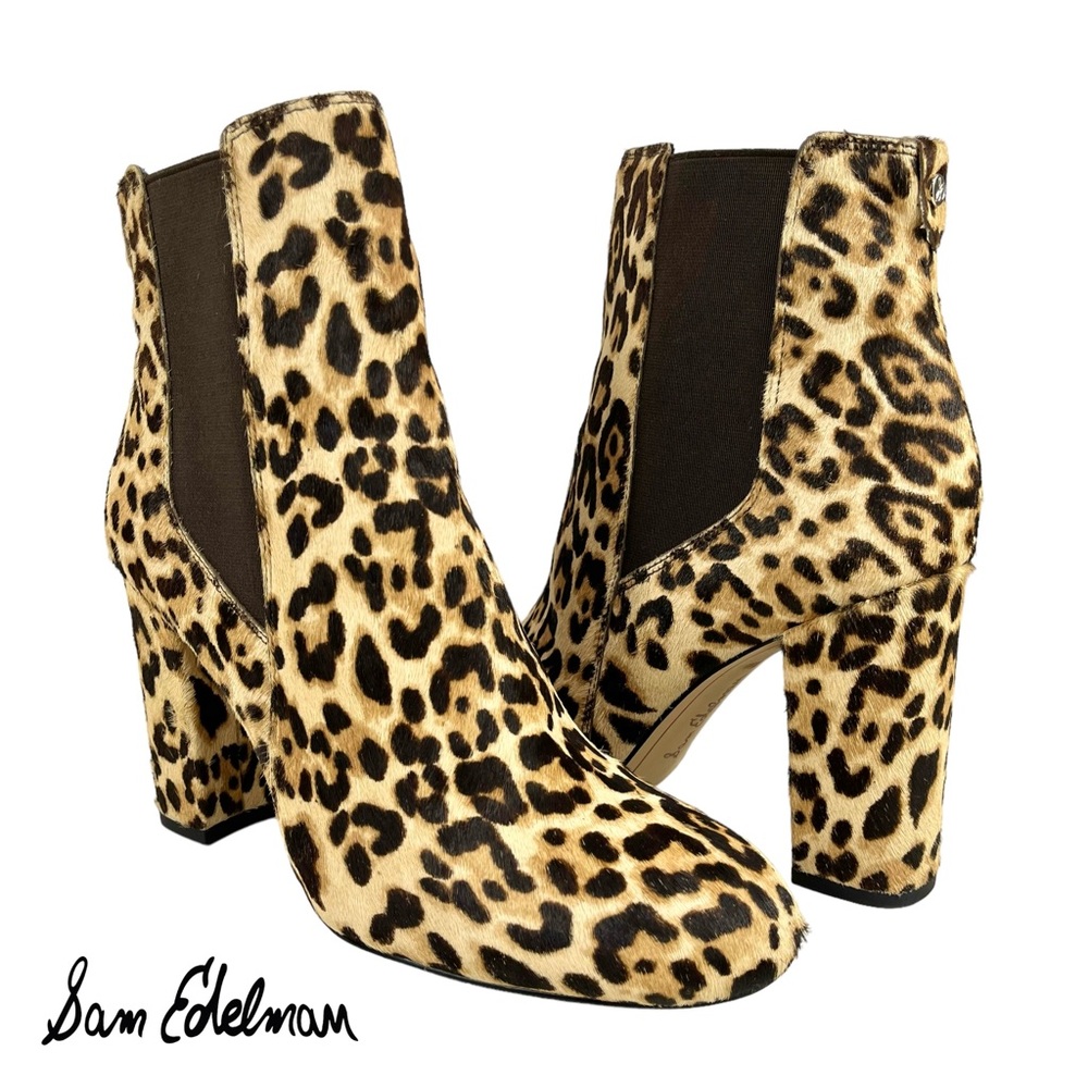 Sam Edelman Women’s 8 Leopard Cow Hair Chelsea Boots Block Heel Animal Print‎